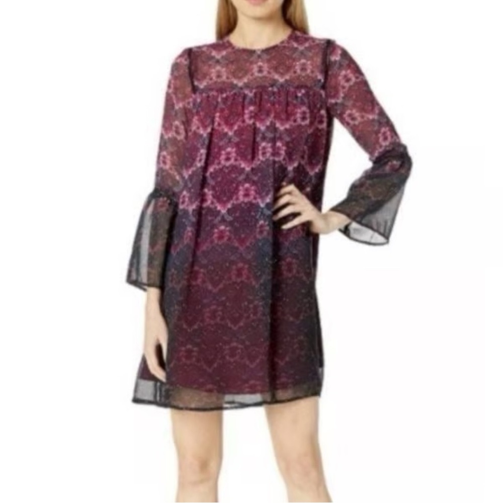 Nanette Lepore Ombre Floral Bell Sleeve Sheer Dress Chiffon Size 8 Burgundy